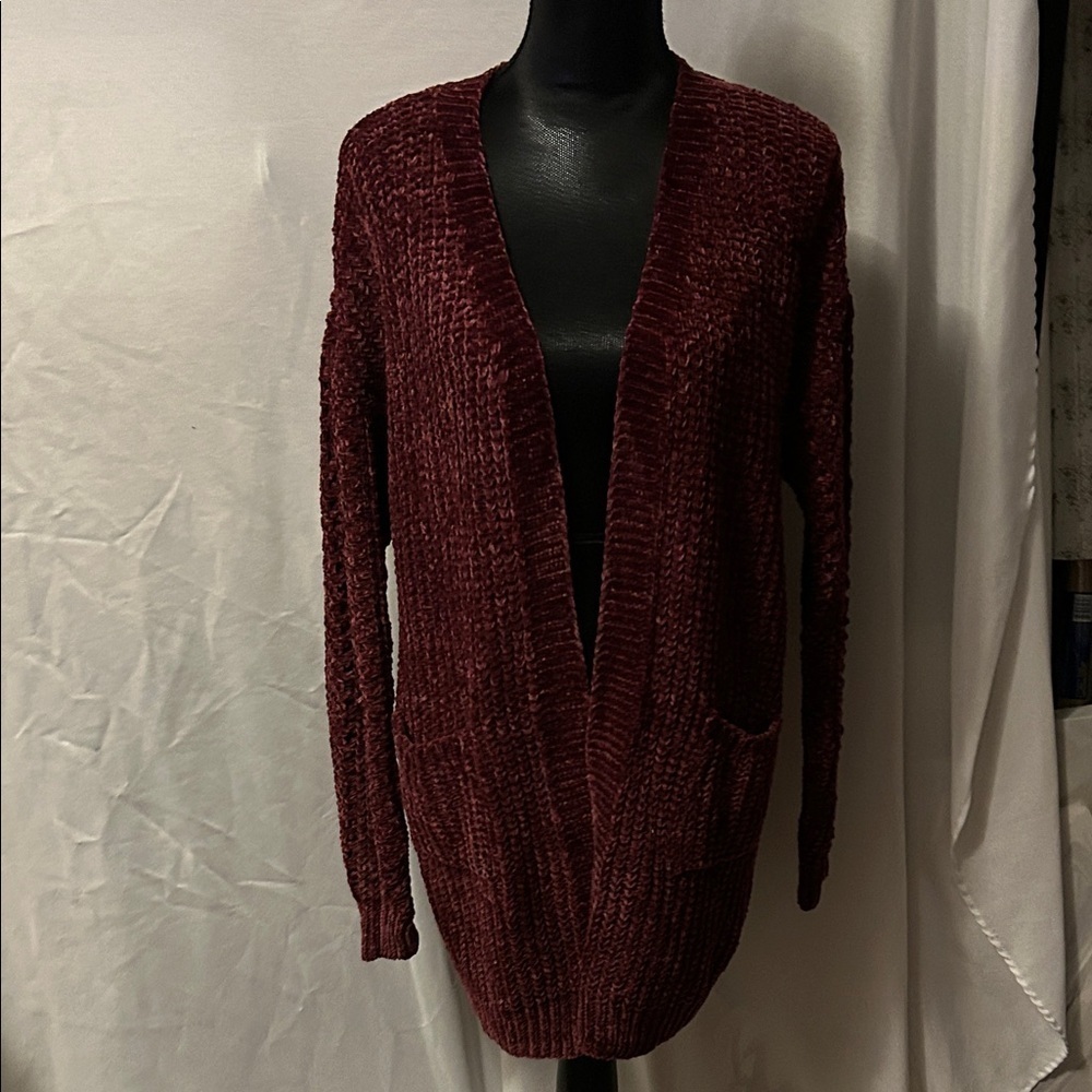 Women's Burgundy Open-Front Sweater